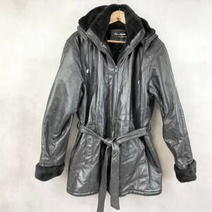 Ivy And Shania Women Leather Jacket XL Belted Faux Fur Hooded‎ Winter Edgy